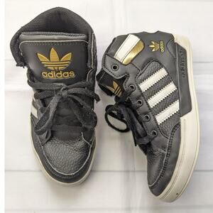 Adidas Youth 12 Black/White/Gold Hightop Sneakers